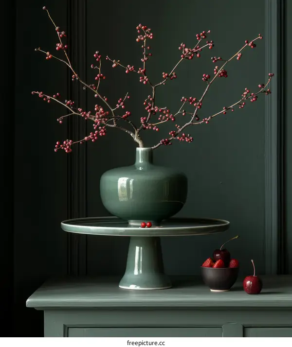 Still Life with Green Vase and Red Berries on Cake Stand