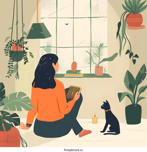 Woman Sitting by the Window with a Cat and Plants
