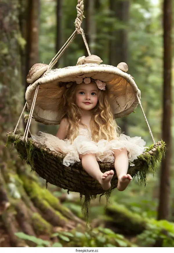 Little Girl Sitting on a Mushroom Swing in a Forest