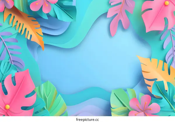 Tropical Paper Cut Leaves and Flowers Background