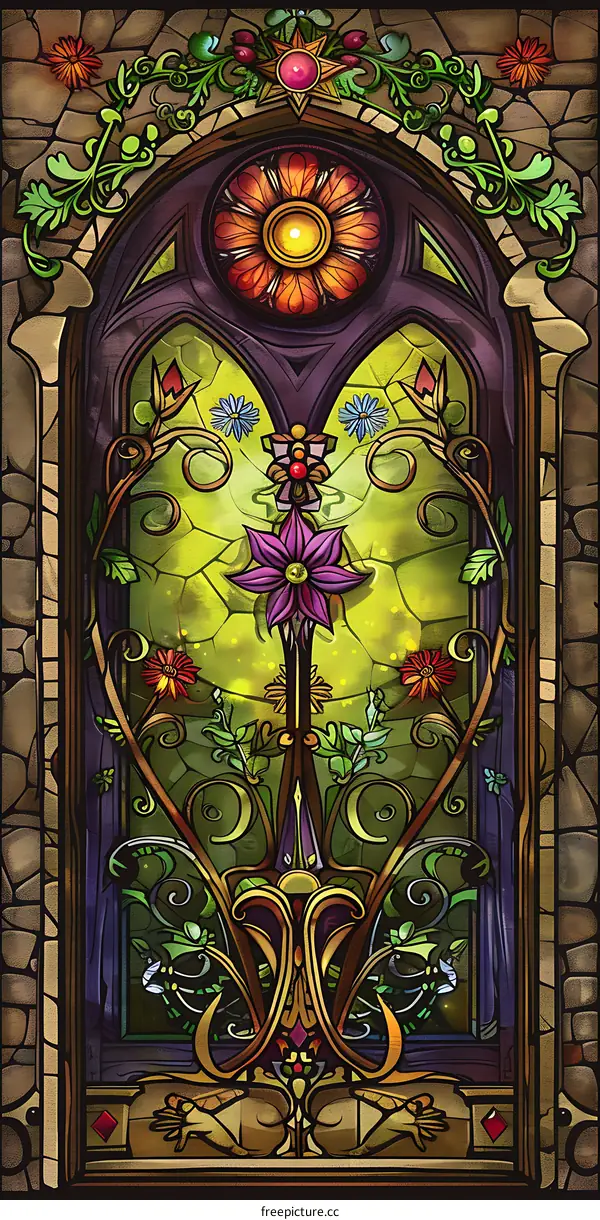 Stained Glass Window with Floral Design