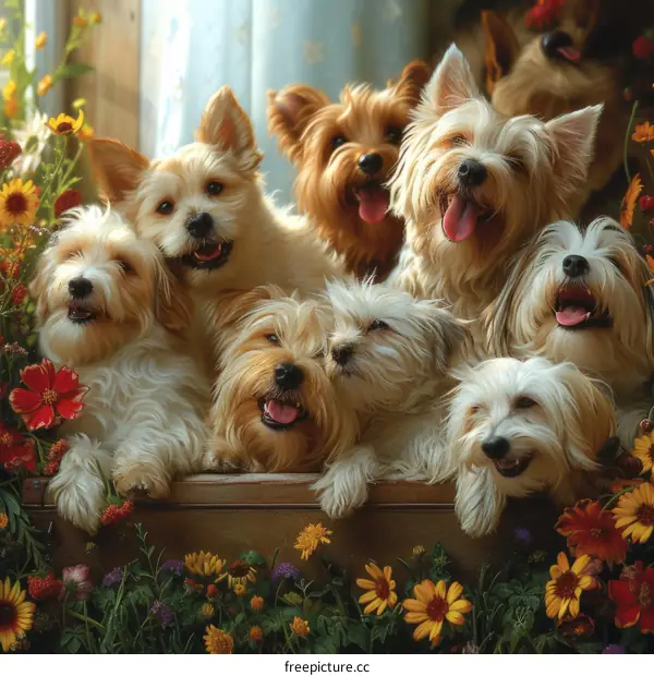 A group of Yorkshire Terriers in a basket with flowers