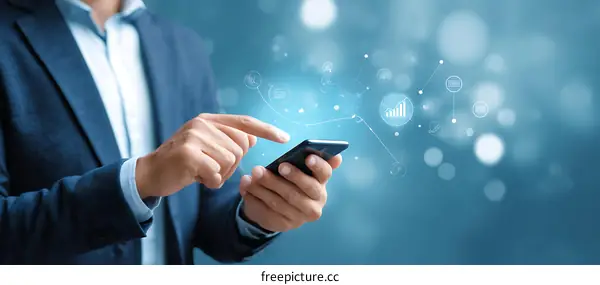 Businessman using smartphone with digital interface