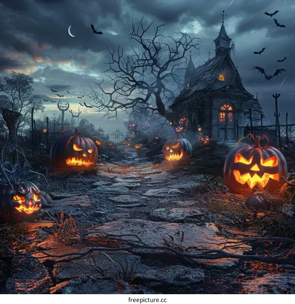Spooky Halloween Night with Scary Pumpkins and Haunted House