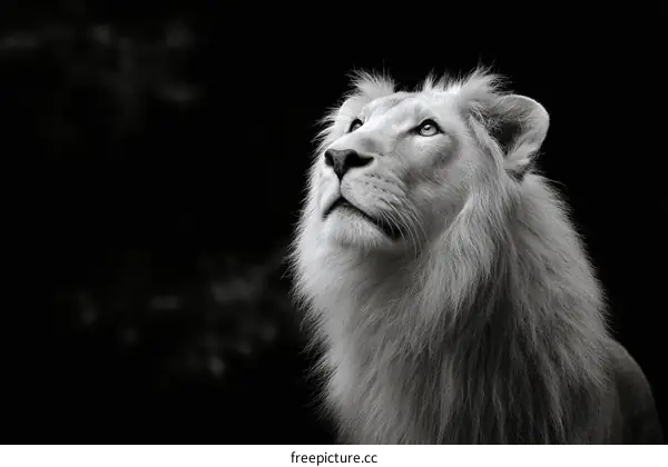 Majestic White Lion Looking Upward in Black and White