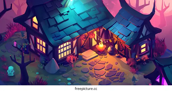 Fantasy House With Purple Lights