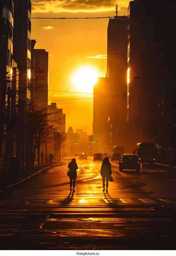 Silhouettes of Two People Walking on a City Street at Sunset