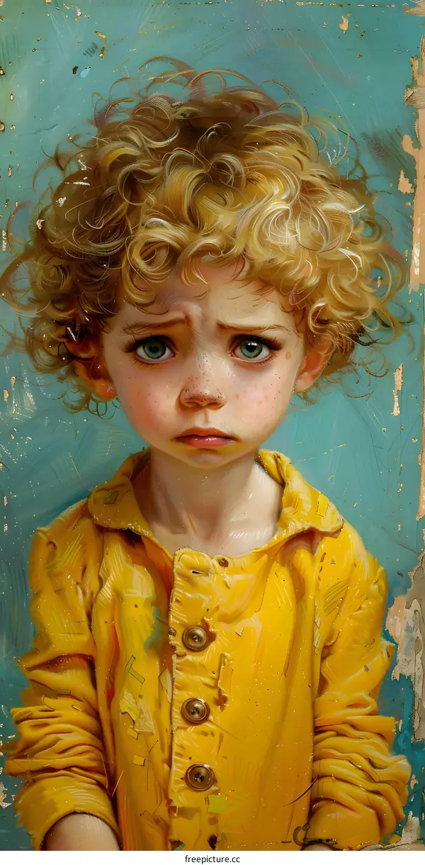 Portrait of a young boy with curly blond hair and green eyes, wearing a yellow shirt