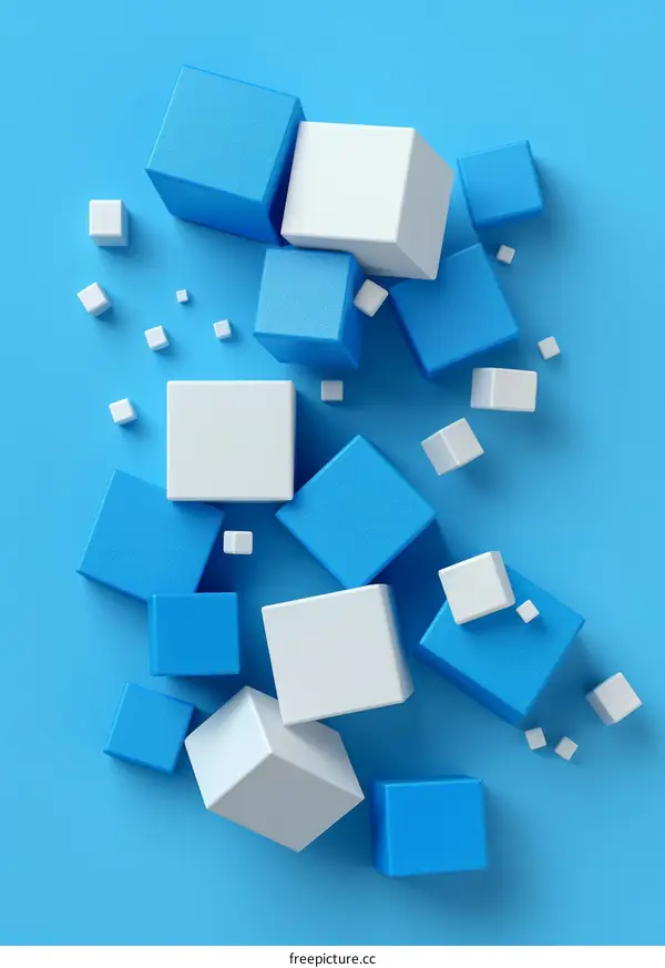 Abstract Blue and White 3D Cubes Scattered