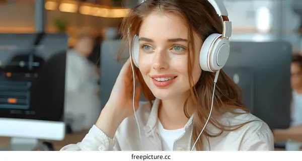 Young Woman Wearing Headphones and Smiling at Work