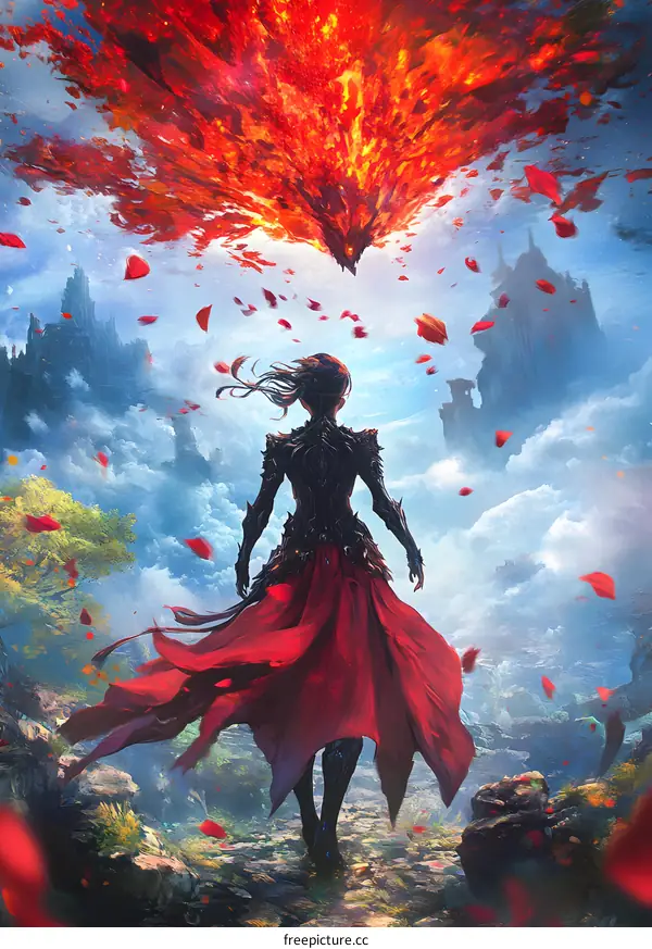 Fantasy Woman Walking Away From Burning Phoenix