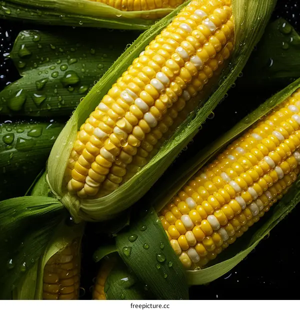 Close-up of fresh corn on the cob with water drops