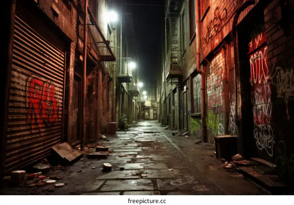 A dark and dirty alleyway with graffiti on the walls