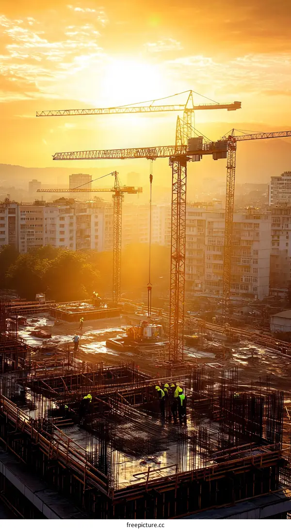 Construction Site at Sunrise with Cranes and Workers