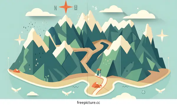 Abstract Mountain Illustration with Compass and Clouds