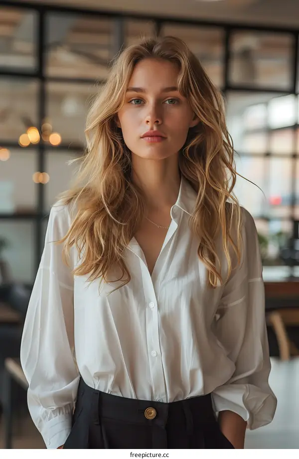 Portrait of a beautiful young woman with long blond hair wearing a white shirt