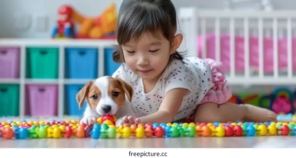 Asian toddler girl playing with a puppy