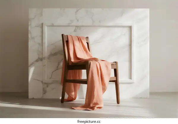 A wooden chair with peach-colored fabric draped over it against a marble wall
