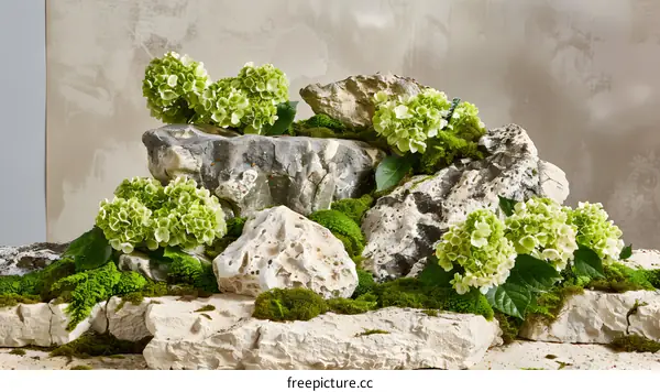 Green Hydrangea Flowers on Rocks and Moss