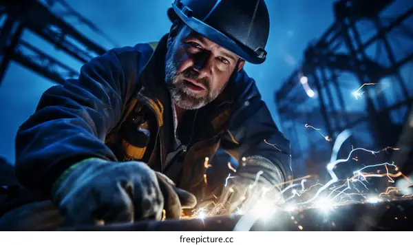 Bearded man in hardhat welding