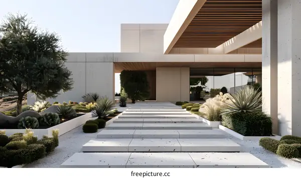 Modern Minimalist Home Exterior With Concrete Steps And Lush Landscaping