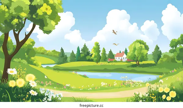 Summer Landscape with Green Grass, Trees, River, and Small House