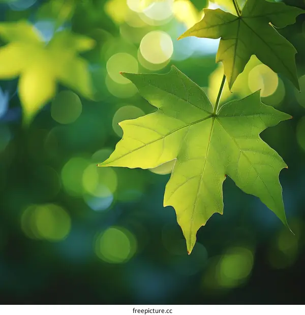 Close-up of a single green maple leaf in front of a blurred background of green leaves.