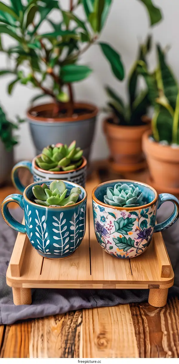 Succulents Planted In Cups On Bamboo Tray