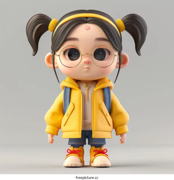 3D rendering of a cute little girl wearing a yellow jacket