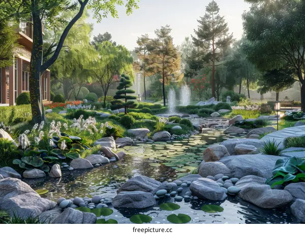 Serene Pond Landscape with Large Rocks