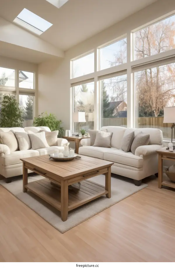 Bright living room with large windows and white furniture