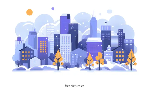 Snowy Cityscape Illustration with Buildings and Trees