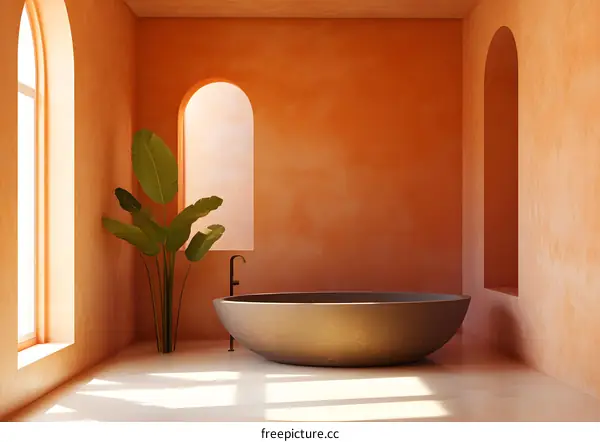 Minimalist Bathroom Interior Design with Arched Windows and a Freestanding Tub