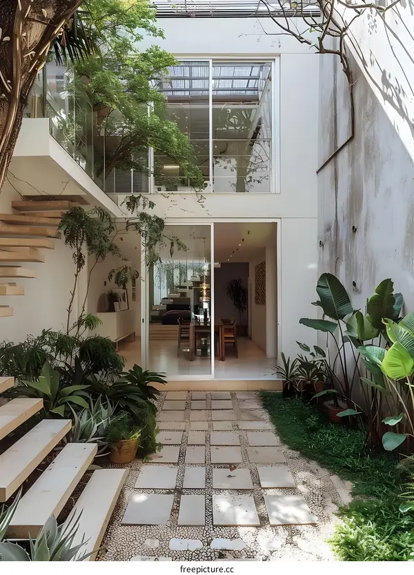 Modern Minimalist Courtyard Design With Stone Patio And Stairs