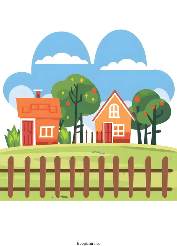 Cartoon Illustration of Two Houses in a Green Field