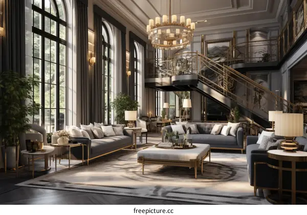 Luxurious Living Room Interior Design with Expansive Windows and Elegant Furnishings