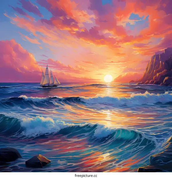 Sailboat Battling the Rough Sea at Sunset