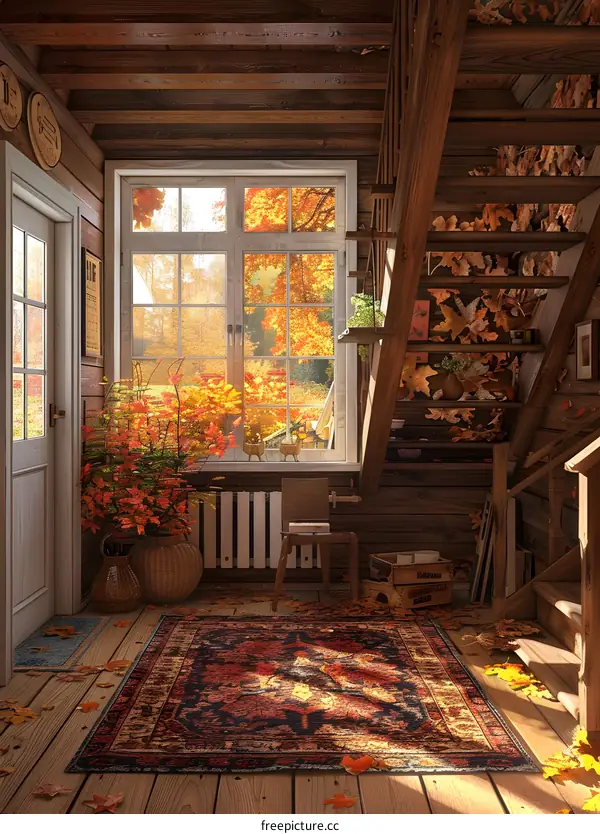Wooden house interior with a large window overlooking a beautiful autumn forest