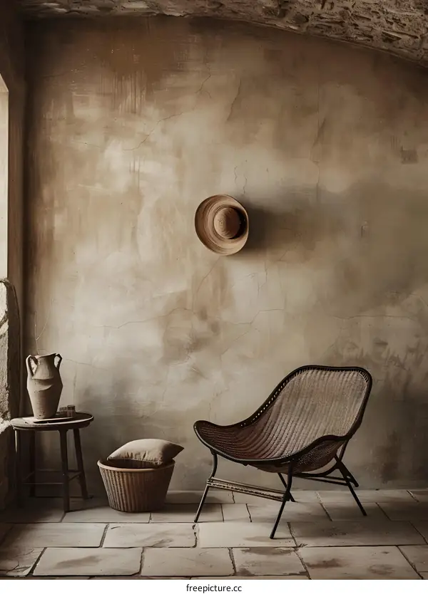 Rustic Interior Design with Wicker Chair and Hat