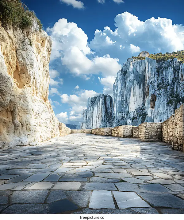 Stone Path Between Two Cliff Sides With Blue Sky And Clouds