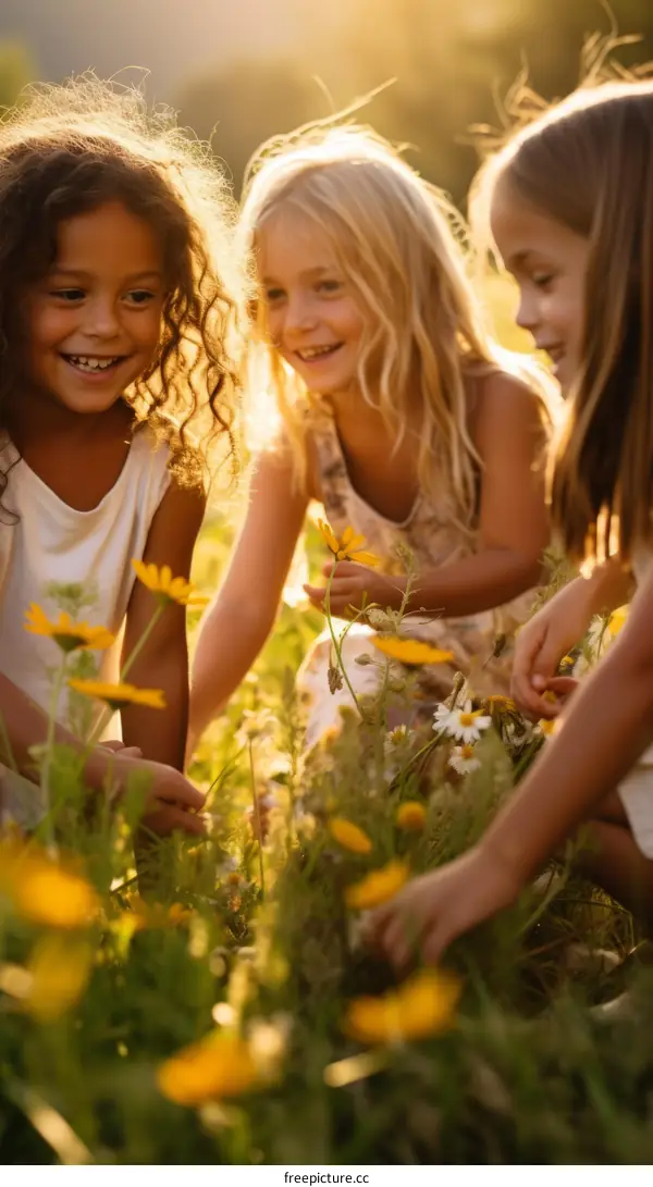Three young girls picking flowers in a field