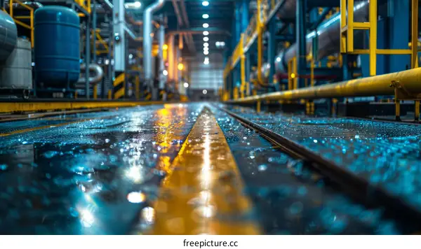 Industrial Factory Production Workshop with Wet Floor Reflecting