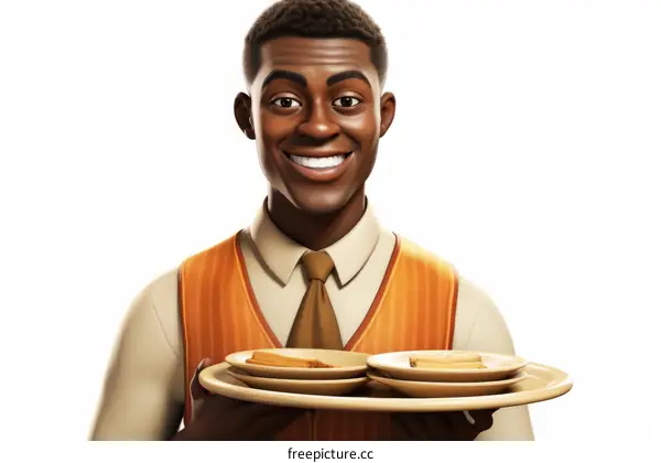 A smiling waiter holding a tray of food