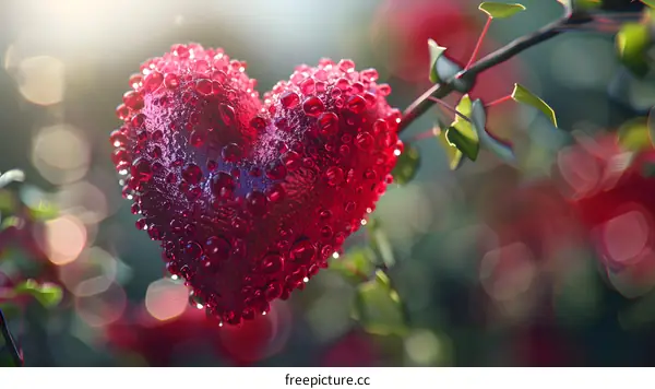 A heart-shaped crystal pendant hanging on a branch, shining in the sun