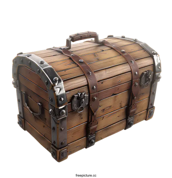 [Transparent Background PNG]An illustration of a wooden treasure chest with metal details.