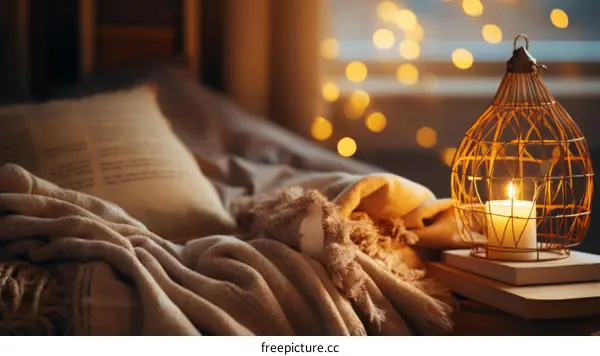 A cozy bedroom with a candle lantern and a book