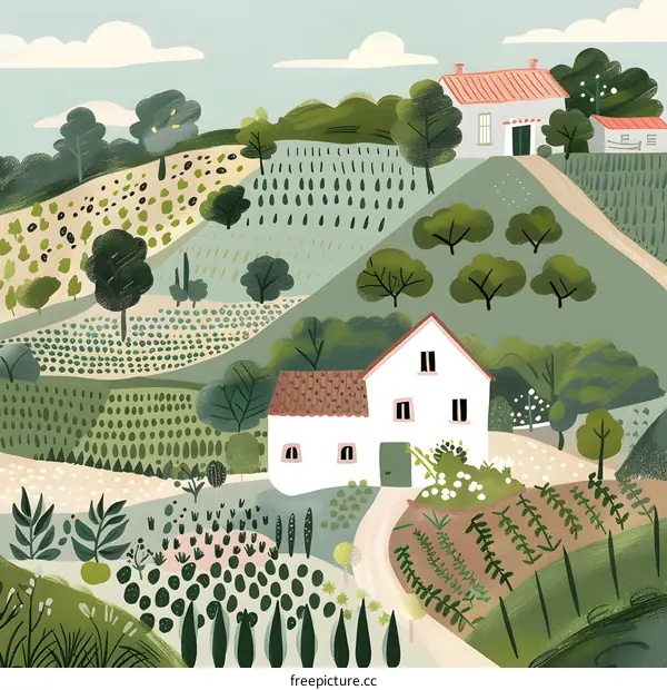 Countryside Cottage Illustration with Green Hills and a Winding Path