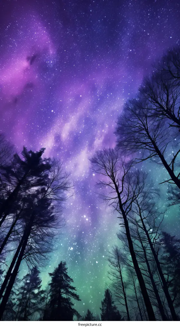 Night sky with aurora borealis over forest