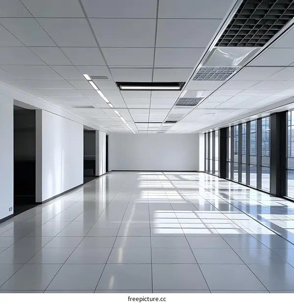 Empty Office Space with White Walls and Tiled Floor