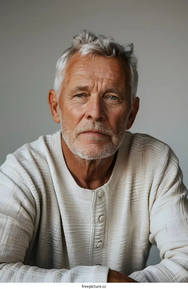 Portrait of a Senior Man with Gray Hair and a White Sweater